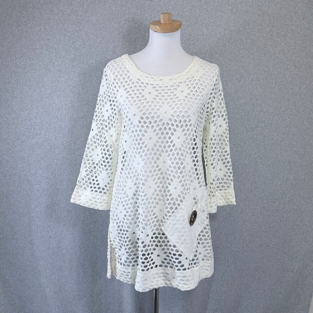 OSO Casuals Ivory Open Knit Crochet Tunic Top S 3/4 Bell Sleeve Boho Cover Up
